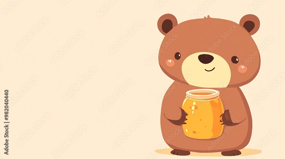 Fototapeta premium A cute brown bear with a big smile holds a jar of honey.
