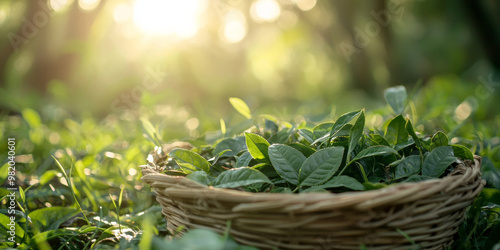 Close up of fresh tea leaves in a bamboo basket, generative AI