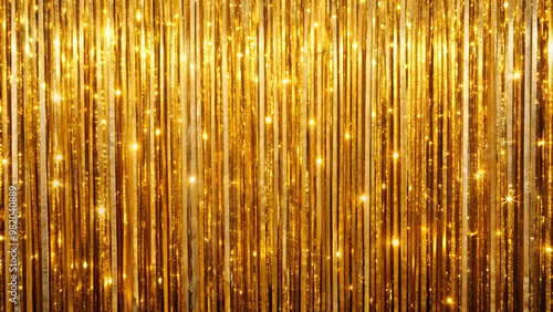 Golden sparkling tinsel curtain backdrop for a festive party setting, Golden, sparkling, tinsel, curtain, backdrop, wide