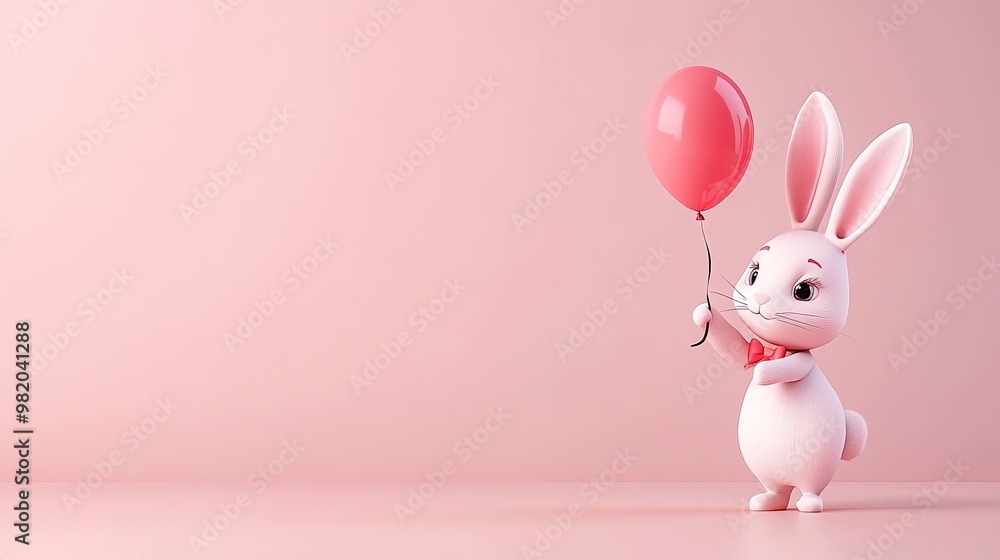 Cute cartoon bunny holding a pink balloon on a pink background. Cute cartoon bunny holding a pink balloon on a pink background.
