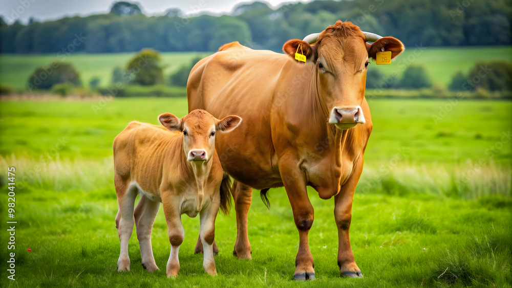 Big cow and her calf standing together in a green pasture , cattle, farm, livestock, animals, mother, baby, duo, agriculture Big cow and her calf standing together in a green pasture , cattle, farm, livestock, animals, mother, baby, duo, agriculture