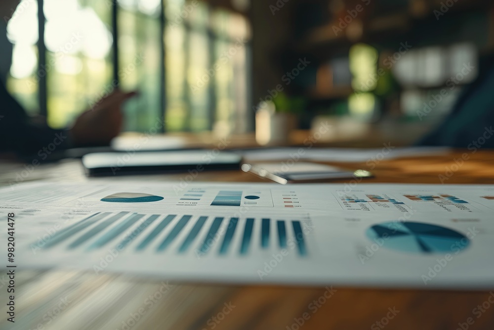 Business report with charts and graphs on a table.