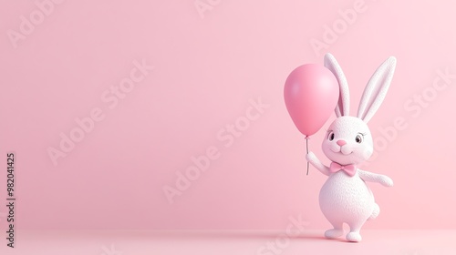 Cute cartoon bunny with pink balloon on pink background.