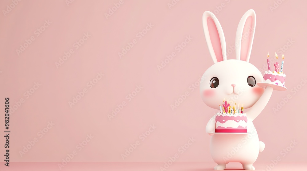 A cute bunny rabbit holding two birthday cakes with candles on a pink background. A cute bunny rabbit holding two birthday cakes with candles on a pink background.