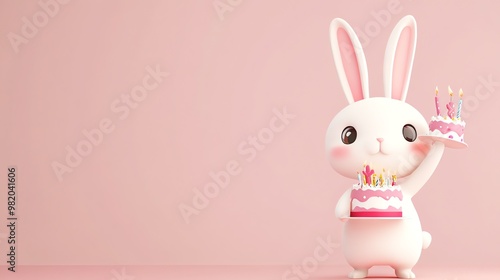 A cute bunny rabbit holding two birthday cakes with candles on a pink background.