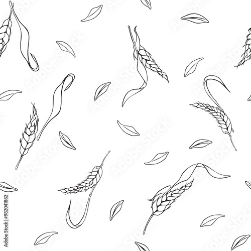 Wheat ear, barley monochrome vector seamless pattern isolated. Repeated texture of spikelet of rye, grains black white contour painted by ink for design textile, wrapping paper, packaging, bakery.