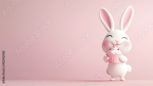 Cute cartoon bunny holding a pink cupcake against a pink background.