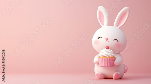 Cute cartoon bunny holding a cupcake on a pink background.