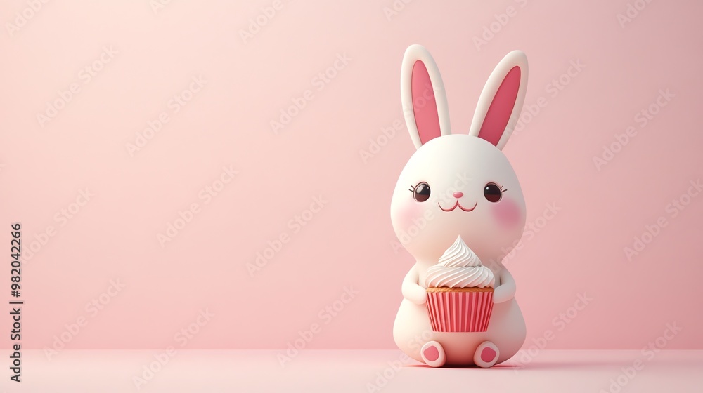 A cute cartoon bunny holds a cupcake against a pink background. A cute cartoon bunny holds a cupcake against a pink background.