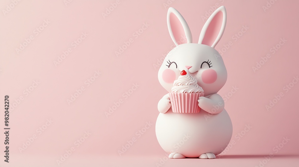 Cute cartoon bunny holding a cupcake on a pink background. Cute cartoon bunny holding a cupcake on a pink background.
