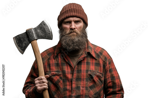 Angry bearded lumberjack with an axe in a checkered shirt on a transparent background