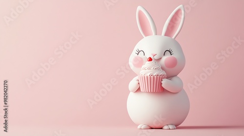 Cute cartoon bunny holding a cupcake on a pink background.