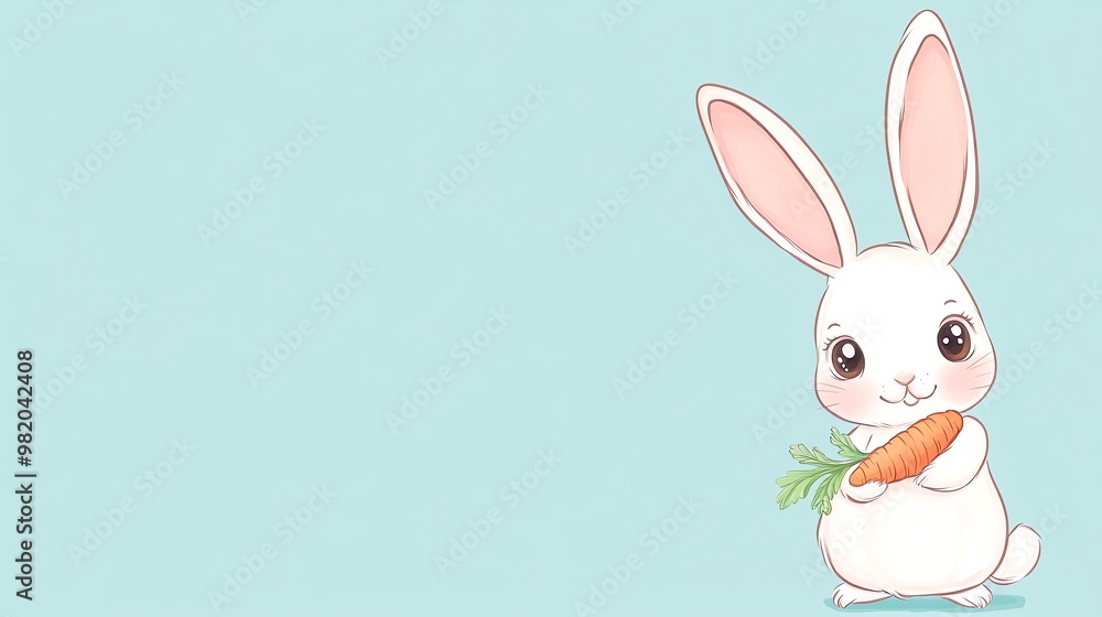 A white bunny rabbit holds a carrot in front of a blue background. A white bunny rabbit holds a carrot in front of a blue background.