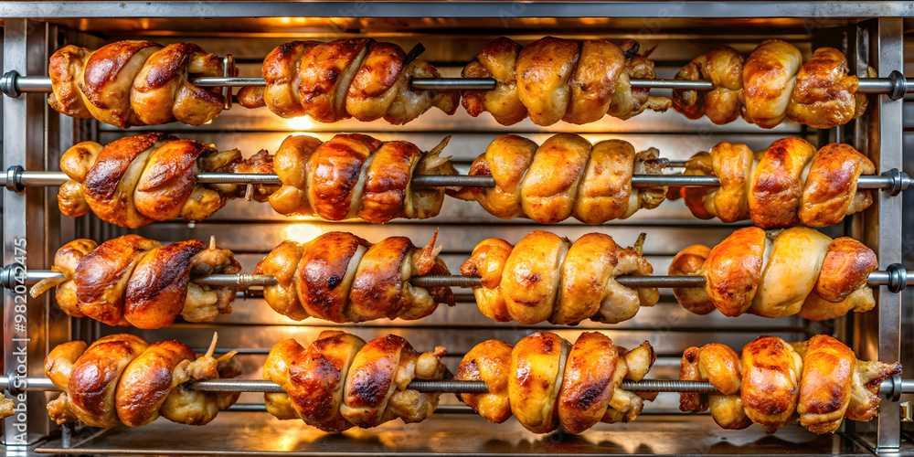 Grilled chickens rotating on a spit in a steamy rotisserie machine, chickens, grill, roasting, food, cooking, roasted, delicious Grilled chickens rotating on a spit in a steamy rotisserie machine, chickens, grill, roasting, food, cooking, roasted, delicious