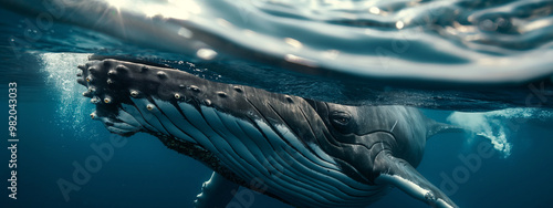 Close up of Magnificent humpback whale in the depths bent in a pose to jump out over the sea surface 
 photo