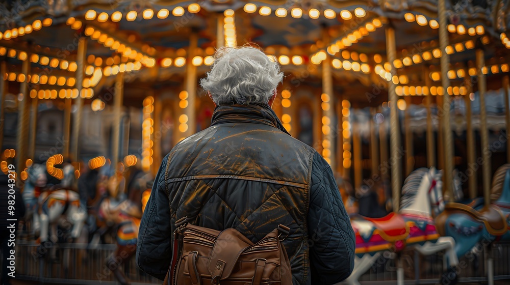 Man with Grey Hair in Front of a Carousel at Night Man with Grey Hair in Front of a Carousel at Night