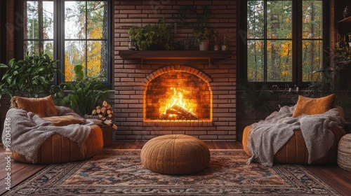 Cozy interior with a fireplace, plants, and comfortable seating.