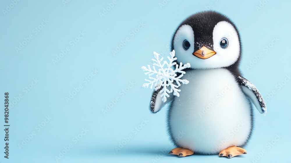 Fototapeta premium A cute, fluffy penguin holds a snowflake against a blue background.