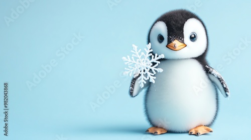 A cute, fluffy penguin holds a snowflake against a blue background.