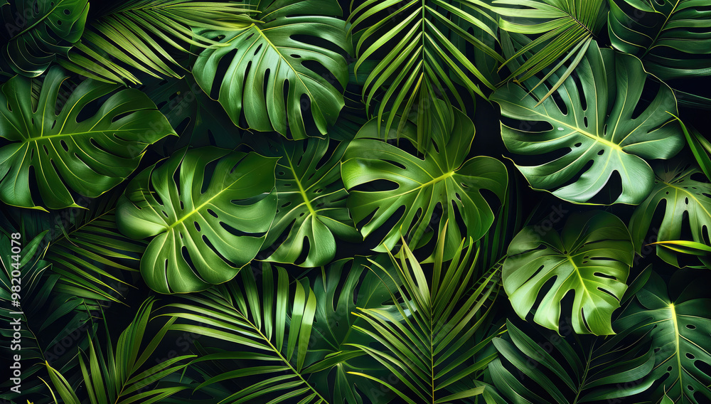 Seamless pattern of tropical leaves in vibrant green shades, fresh and natural. Generative AI. Seamless pattern of tropical leaves in vibrant green shades, fresh and natural. Generative AI.