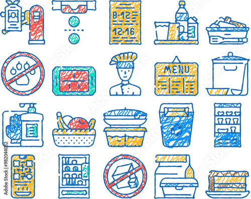 school canteen menu doodle icons set vector. sketch line art canteen food and drink, basket with fruits and cake dessert, cooked dish and chef contour illustrations