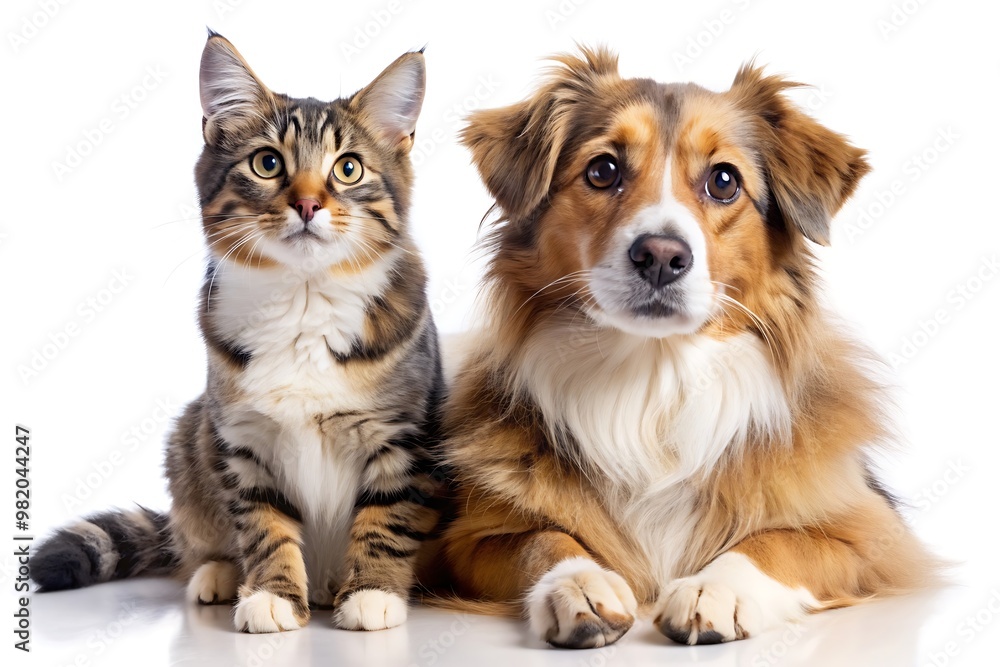 Dog and Cat Together. Pets on White Background. Friendly Cat and Dog Photo. Dog and Cat Together. Pets on White Background. Friendly Cat and Dog Photo.