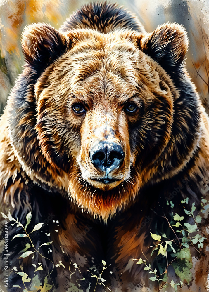 Fototapeta premium Portrait of a brown bear in the forest. Digital painting.
