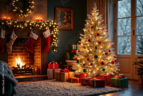 Festive Christmas Scene: Decorated Tree, Gifts, and Cozy Living Room for Holiday Marketing and Retail Campaigns