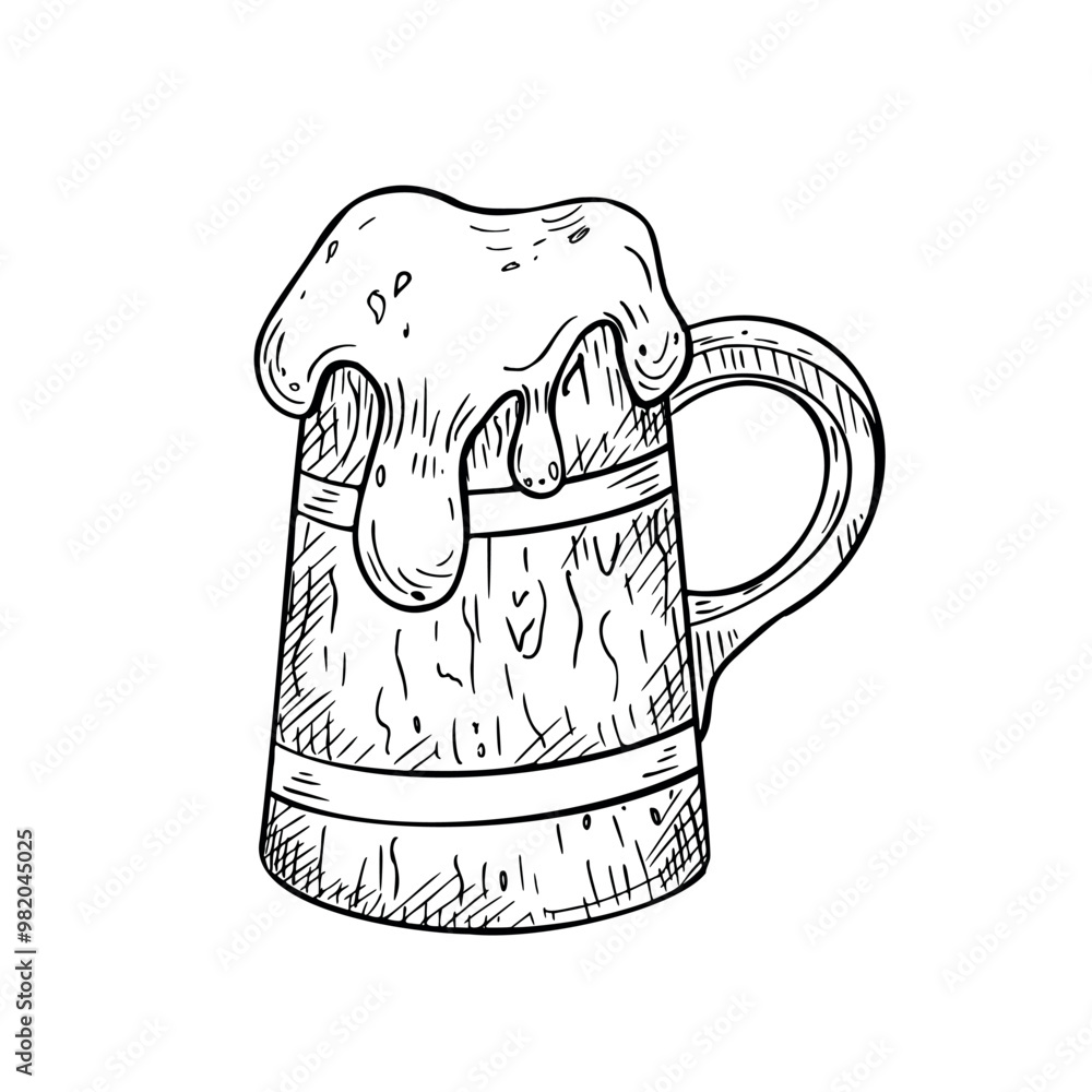 Tankard and foam black white graphic vector illustration isolated. Stein, ale horn painted ink silhouette. Wooden beer mug hand drawn in line art for design beer festival menu, packaging, label.