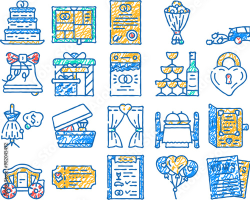 wedding day accessory doodle icons set vector. sketch line art wedding invitation and vow, gift for bride and groom, champagne drink and snack contour illustrations