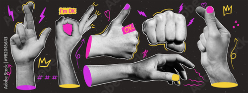Halftone collage hands with doodle elements. Y2k collage design. Vector elements in pop art style.