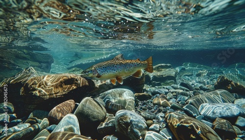 Brown trout fish swimming gracefully in the river over smooth rocks photo