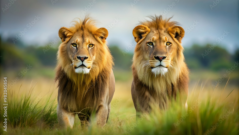 Two majestic lions roaming in the wild , lions, wildlife, nature, majestic, king of the jungle, Africa, savannah Two majestic lions roaming in the wild , lions, wildlife, nature, majestic, king of the jungle, Africa, savannah