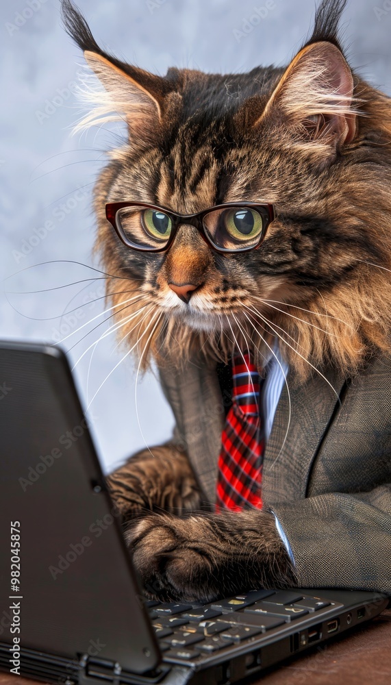 Serious cat businessman in a suit and glasses working on a laptop computer, office work concept. Serious cat businessman in a suit and glasses working on a laptop computer, office work concept.