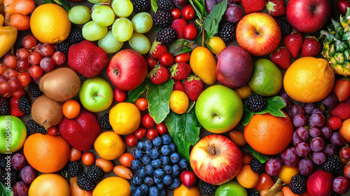 Fresh Fruits top view Mixed fruits Colorful Organic Healthy food background