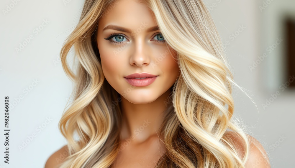 Fototapeta premium A beautiful woman with long blonde hair and captivating blue eyes, radiating confidence and elegance in a bright, airy setting.