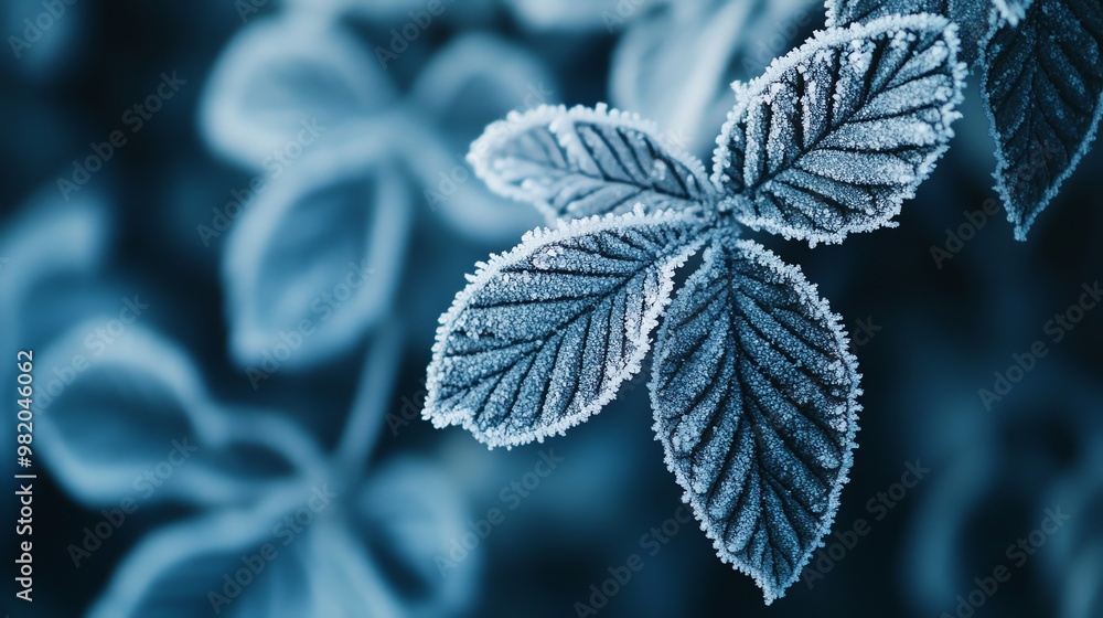 Closeup of frosted leaves with a blue tone. Closeup of frosted leaves with a blue tone.