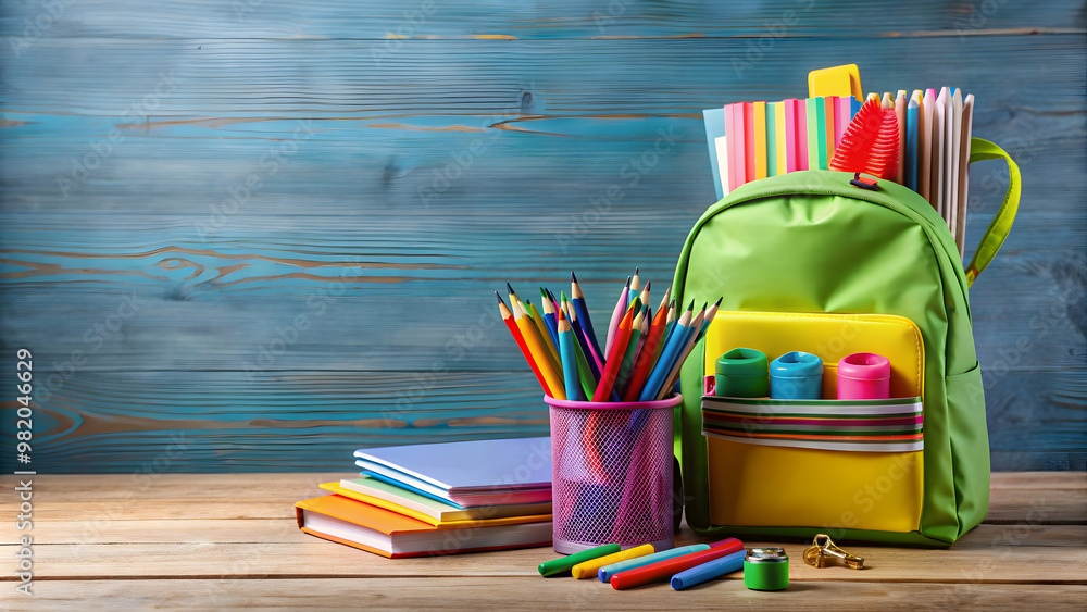 Colorful school supplies and backpack on a desk, colorful, school supplies, backpack, desk, education Colorful school supplies and backpack on a desk, colorful, school supplies, backpack, desk, education