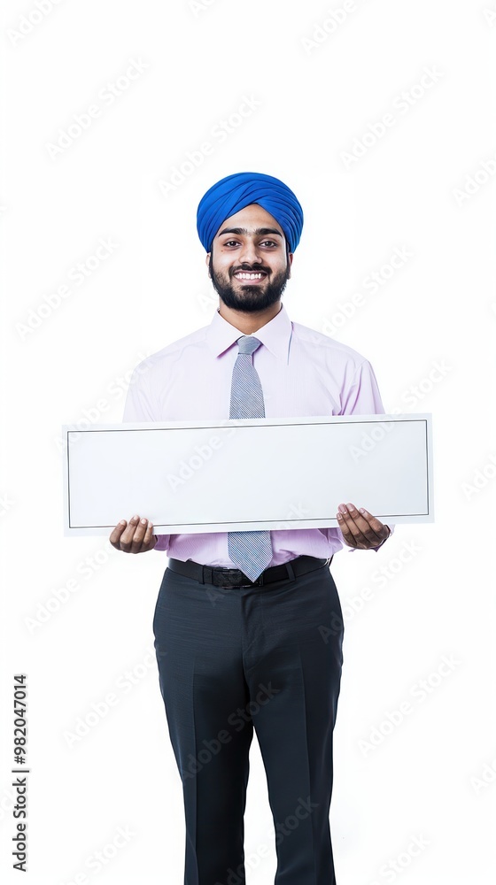 Sikh Indian bank receptionist holding an oversized white check on a clear background, promoting financial incentives, bank reward, business success Sikh Indian bank receptionist holding an oversized white check on a clear background, promoting financial incentives, bank reward, business success