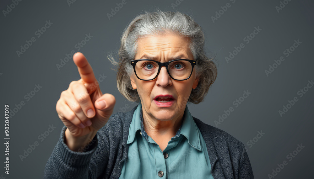 An elderly woman with glasses shows an expression of concern and points with her finger, conveying strong emotions. An elderly woman with glasses shows an expression of concern and points with her finger, conveying strong emotions.