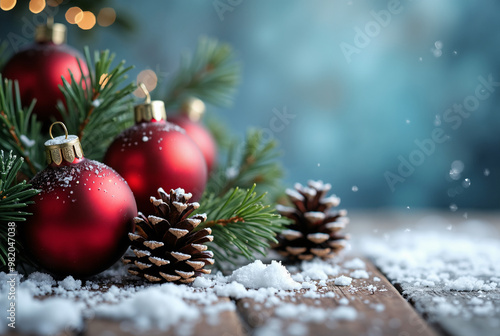 Festive Christmas Banner with Ornaments and Pine Cones on Snowy Wood: Perfect for Holiday Marketing photo