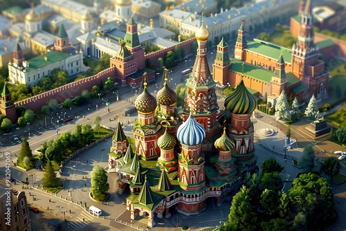 Aerial view of St. Basil's Cathedral in Moscow, showcasing its colorful onion domes and surrounding architecture. photo