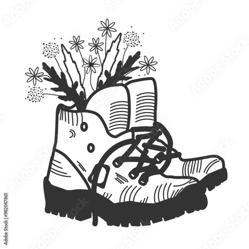 Bergschuhe gezeichnet mit Blumenstrauss