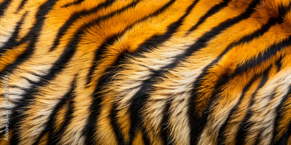 Fototapeta premium Close-up of textured real tiger skin and fur abstract background, tiger, skin, fur, texture, wild, animal, exotic