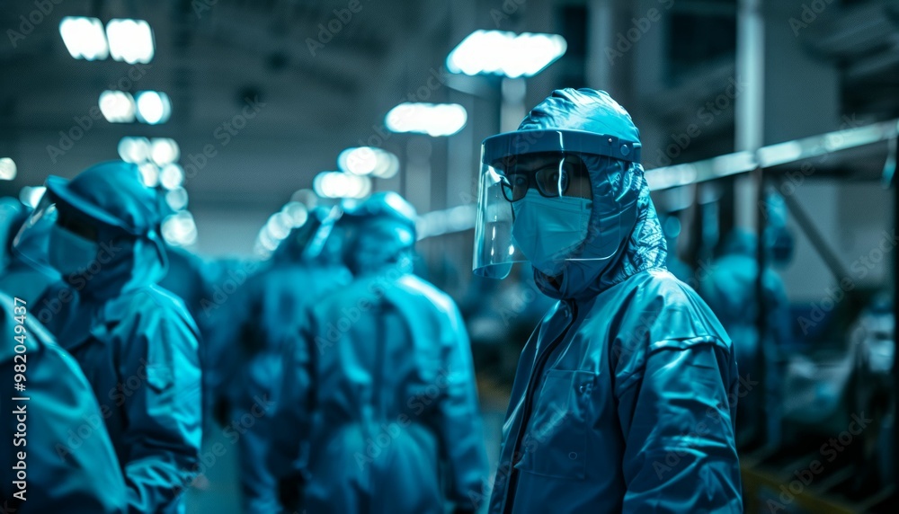 Scientists in Hazmat Suits Inspecting Laboratory with Futuristic Lighting Scientists in Hazmat Suits Inspecting Laboratory with Futuristic Lighting
