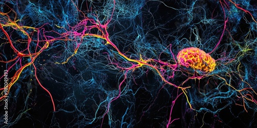 An abstract representation of the nervous system, with neon-like nerves glowing in intricate patterns, showing how the brain connects to the rest of the body photo