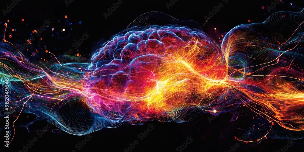 A digital, glowing representation of the brains neural connections firing, with electric impulses running through the neural network in a vibrant display of colors A digital, glowing representation of the brains neural connections firing, with electric impulses running through the neural network in a vibrant display of colors
