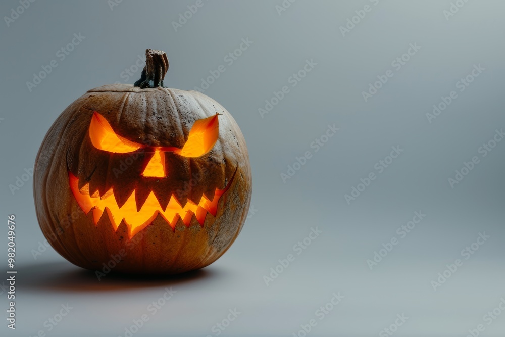 Spooky Halloween Jack O Lantern. Carved Pumpkin with Glowing Eyes on a Gray Background. Spooky Halloween Jack O Lantern. Carved Pumpkin with Glowing Eyes on a Gray Background.