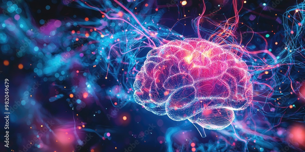 A digital, glowing representation of the brains neural connections firing, with electric impulses running through the neural network in a vibrant display of colors A digital, glowing representation of the brains neural connections firing, with electric impulses running through the neural network in a vibrant display of colors