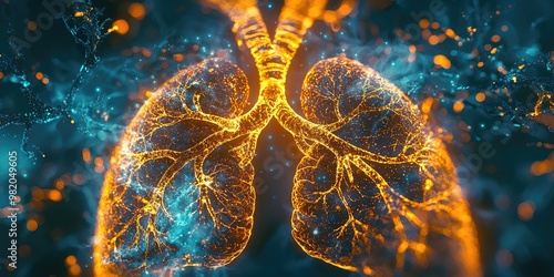 A glowing, intricate network of the bronchi and alveoli inside the lungs, with air flowing through them in soft, flowing waves, highlighting the breath of life